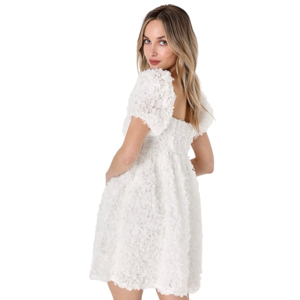 LULUS Precious Passion White Floral Puff Sleeve Babydoll Dress sz L Wedding Mini - Picture 3 of 9